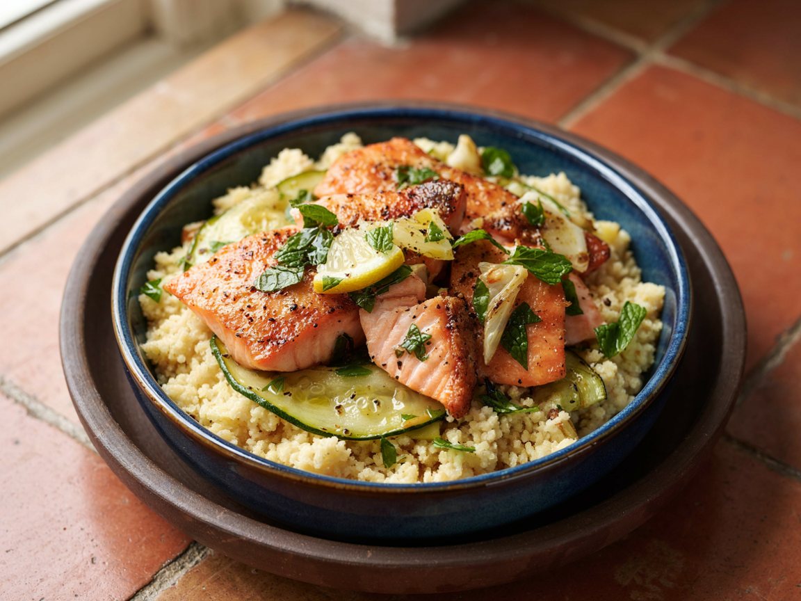 Photo of Oven-Baked Salmon Couscous Bowl with Lemon and Mint