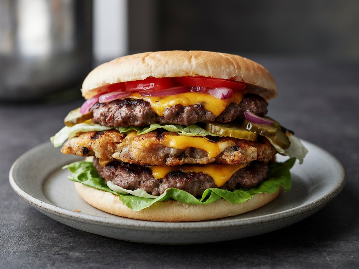 Photo of Grilled Cheddar Burgers with Pickled Red Onion and Tomato