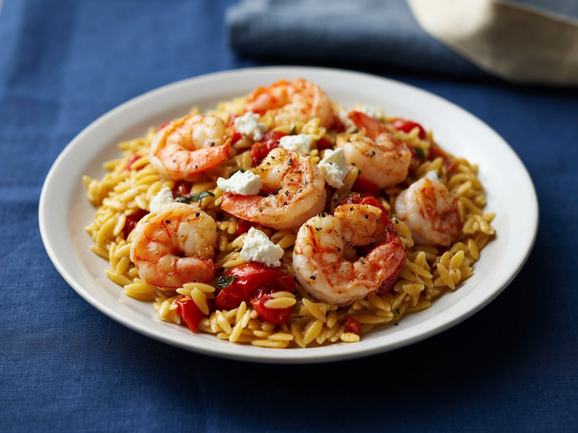 Photo of Garlic Prawn Orzo with Tomatoes and Feta