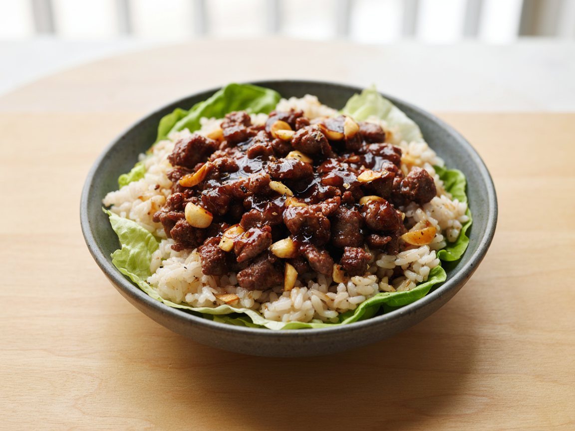Photo of Soy-Garlic Beef Rice Bowl with Lettuce