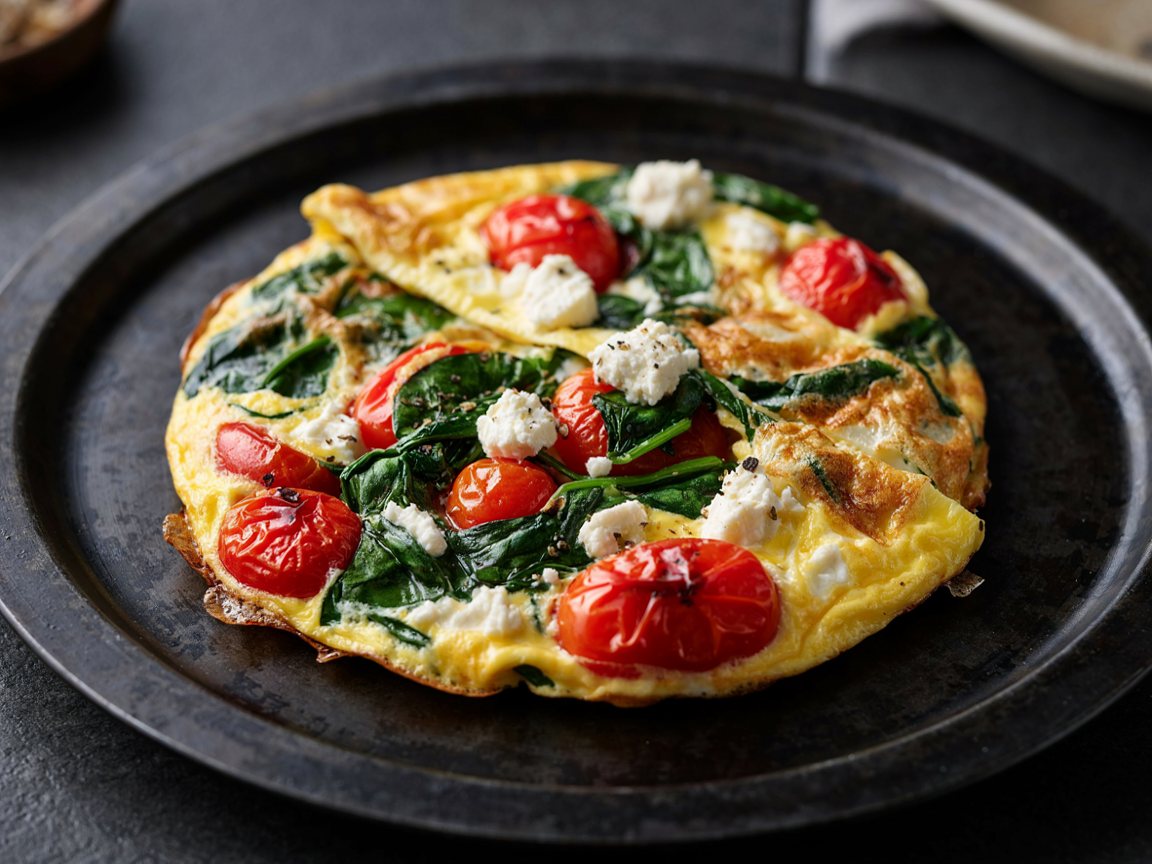 Photo of Spinach and Feta Skillet Omelette with Cherry Tomatoes