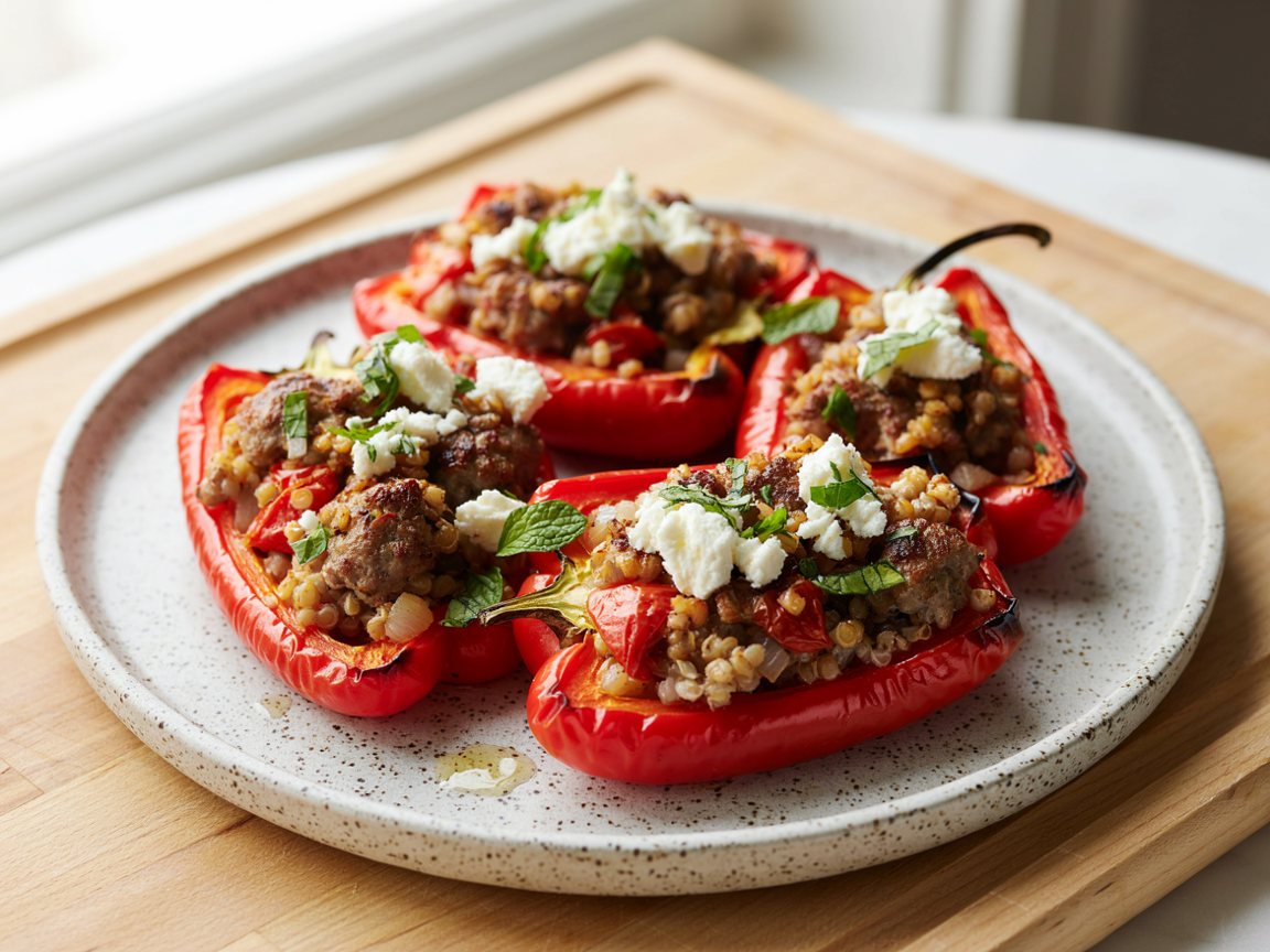 Photo of Oven-Roasted Peppers Stuffed with Spiced Lamb and Bulgur