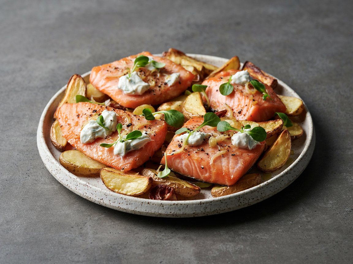 Photo of Roasted Salmon and Potato Traybake with Horseradish Cream