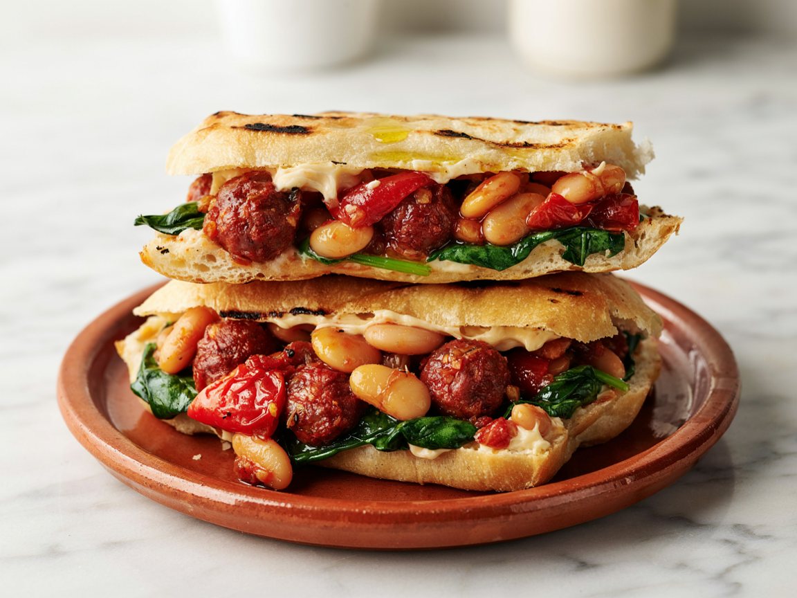 Photo of Chorizo and White Bean Toasts with Wilted Spinach