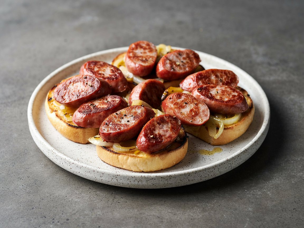 Photo of Seared Sausage with Mustard Pan Sauce on Toasted Rolls