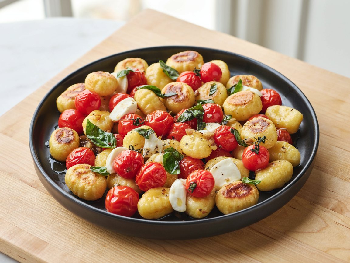 Photo of Sheet-Pan Crispy Gnocchi with Blistered Cherry Tomatoes and Mozzarella