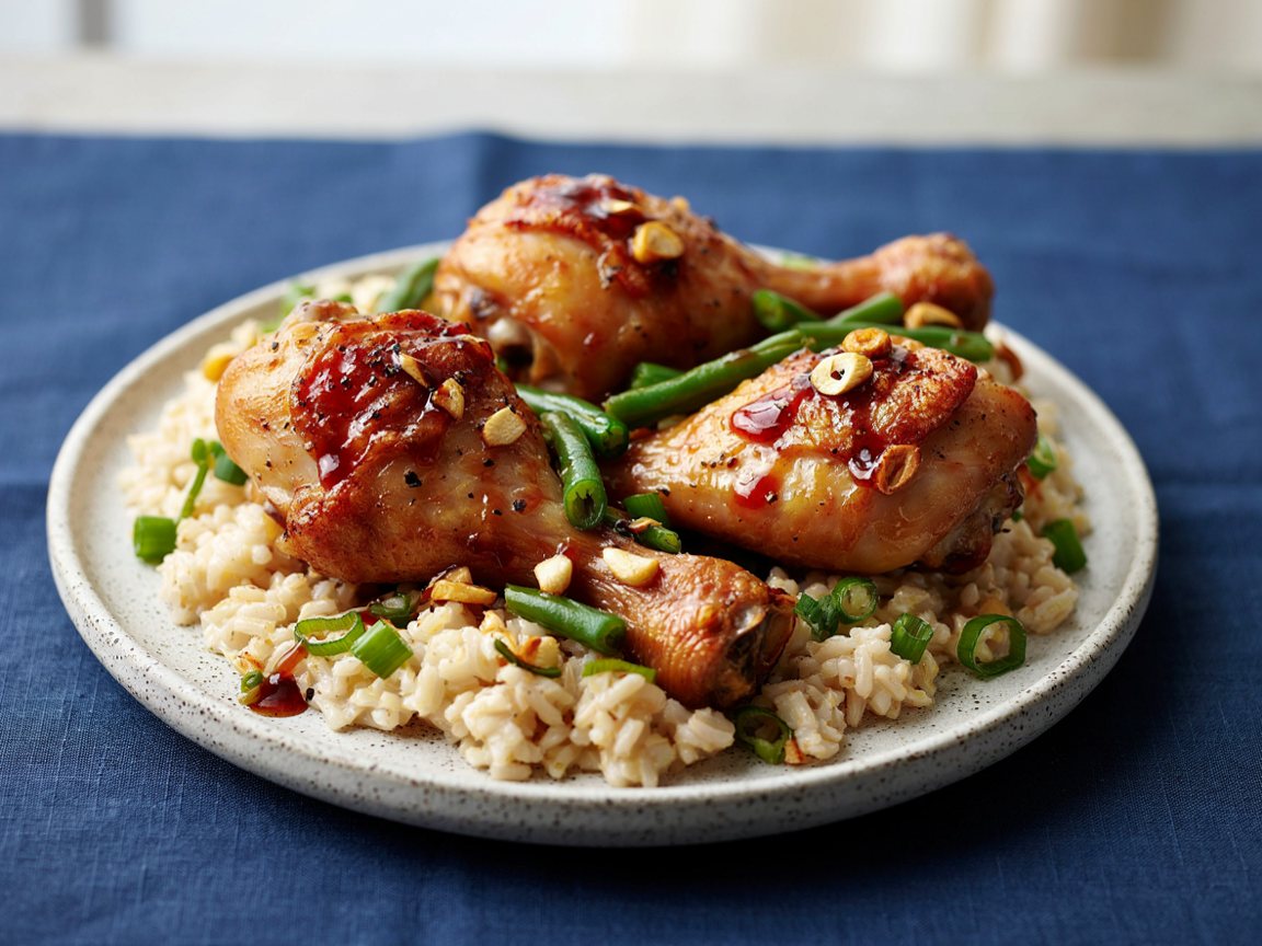 Photo of Honey Soy Chicken Drumsticks with Garlic Rice and Green Beans