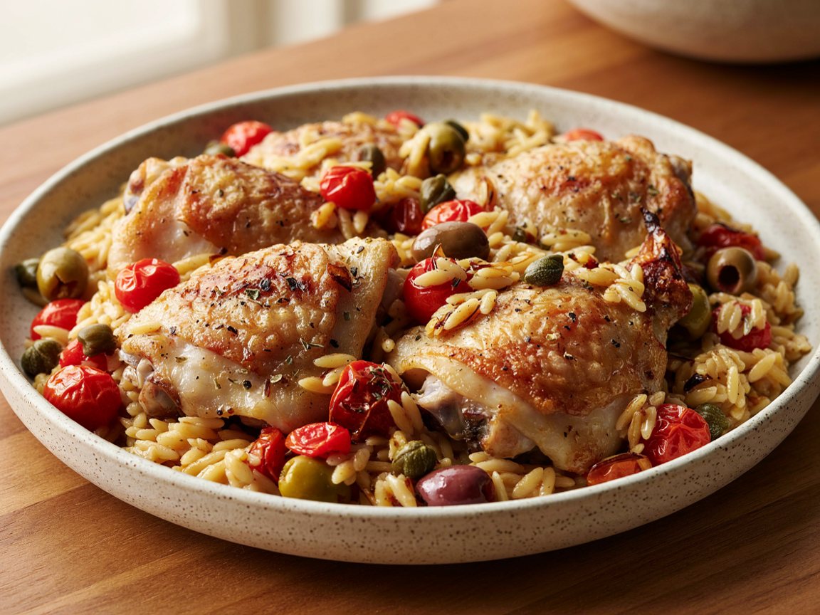 Photo of Mediterranean Baked Chicken Thighs with Orzo and Tomatoes