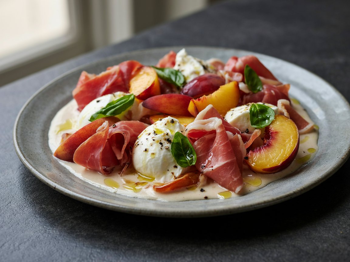 Photo of Peach, Prosciutto and Burrata Plate
