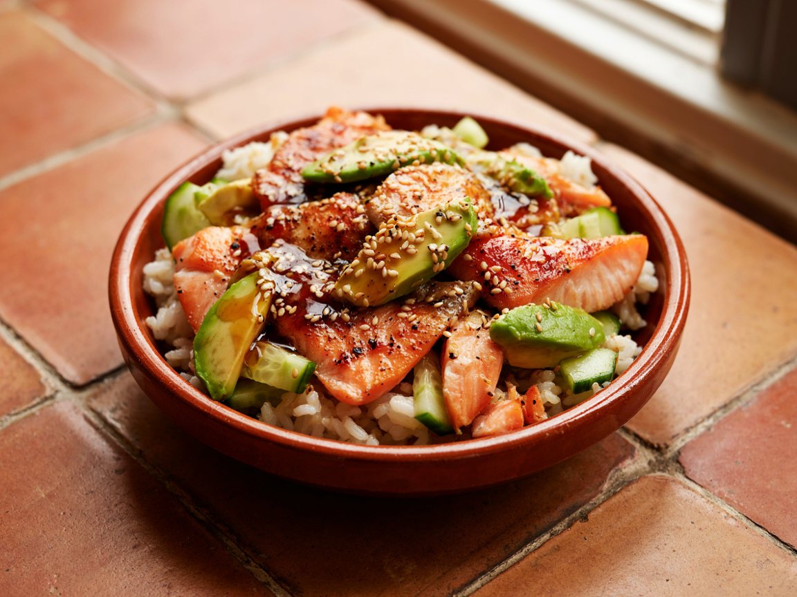 Photo of Salmon Rice Bowl with Cucumber and Avocado