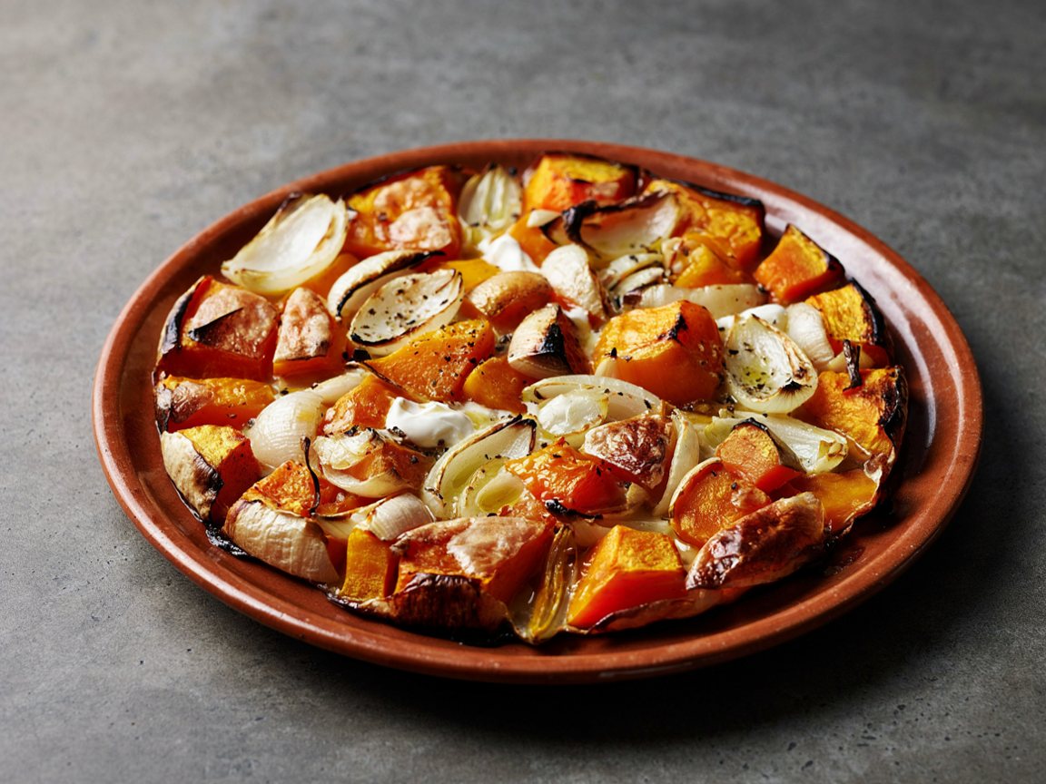 Photo of Roasted Pumpkin and Onion Traybake with Cream