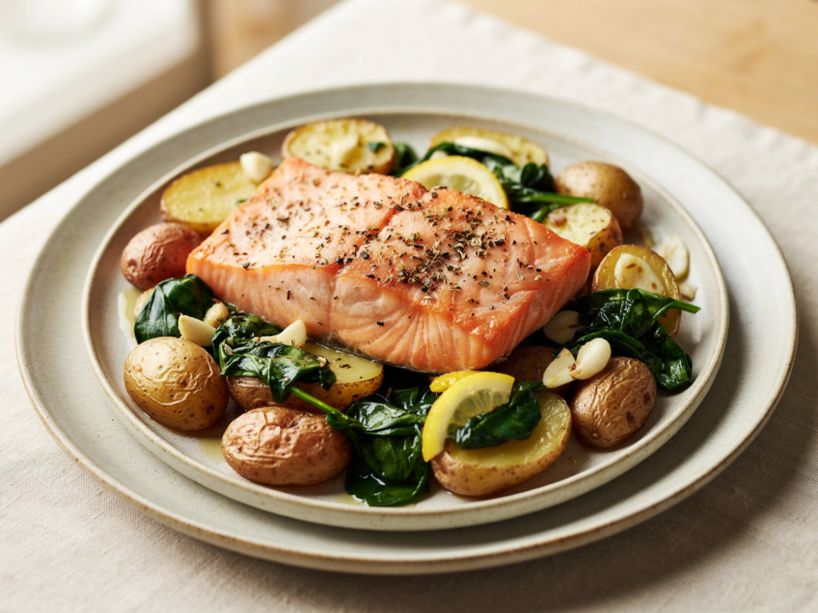Photo of Roasted Salmon with Baby Potatoes and Lemony Spinach