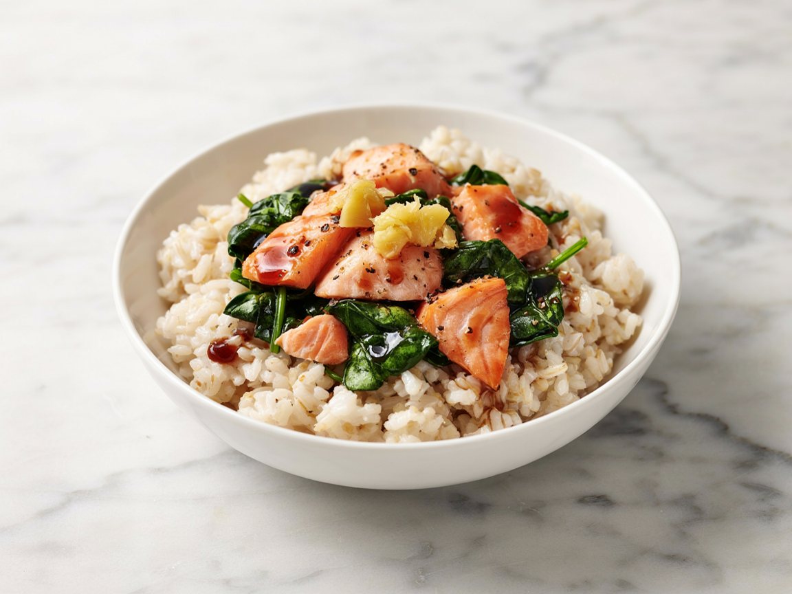 Photo of Microwave Salmon Rice Bowl with Wilted Spinach