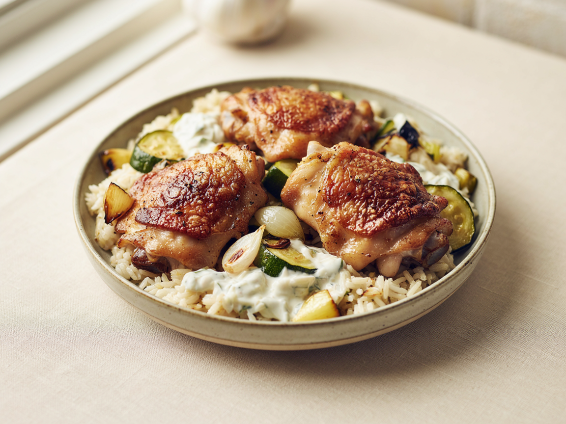 Photo of Oven-Roasted Chicken Thighs with Spiced Rice and Lemon Yogurt