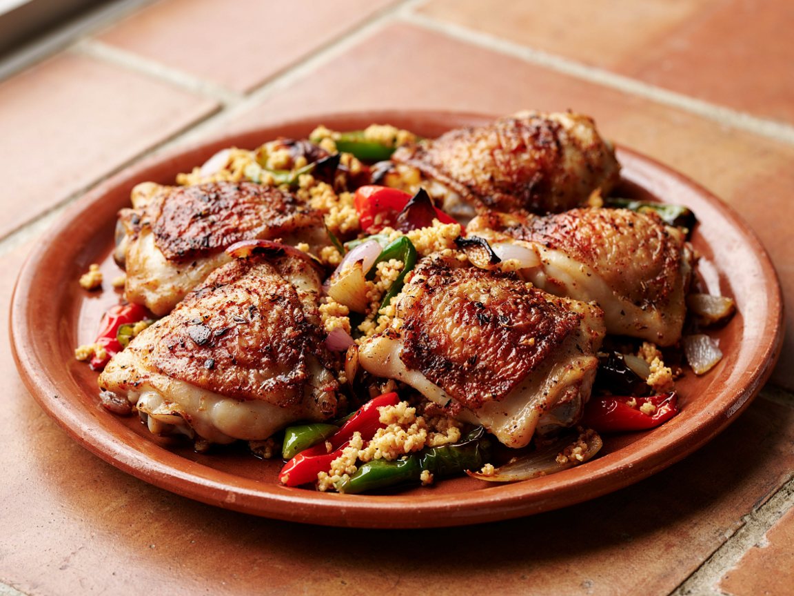 Photo of Spiced Harissa Chicken Thighs with Couscous and Peppers