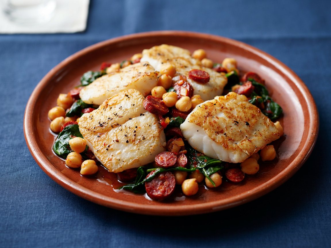 Photo of Seared Cod with Chorizo and Chickpea Spinach Pan Sauce