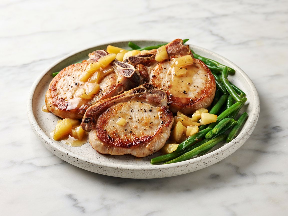 Photo of Pork Chops with Apple Pan Sauce and Green Beans