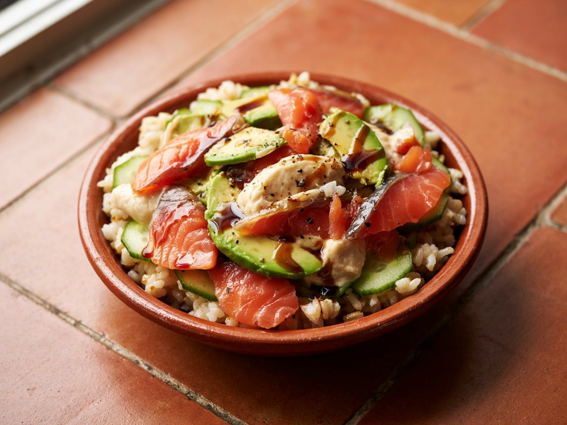 Photo of Smoked Salmon Rice Bowl with Avocado and Cucumber