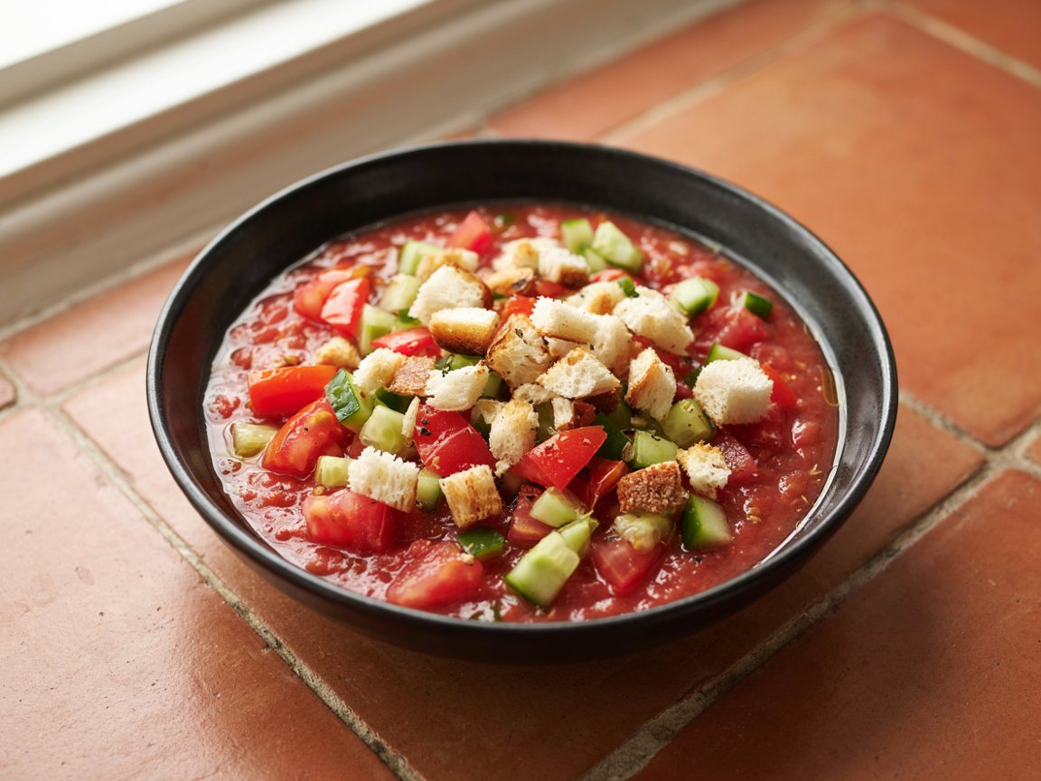 Photo of Cold Tomato and Cucumber Gazpacho with Garlic Croutons