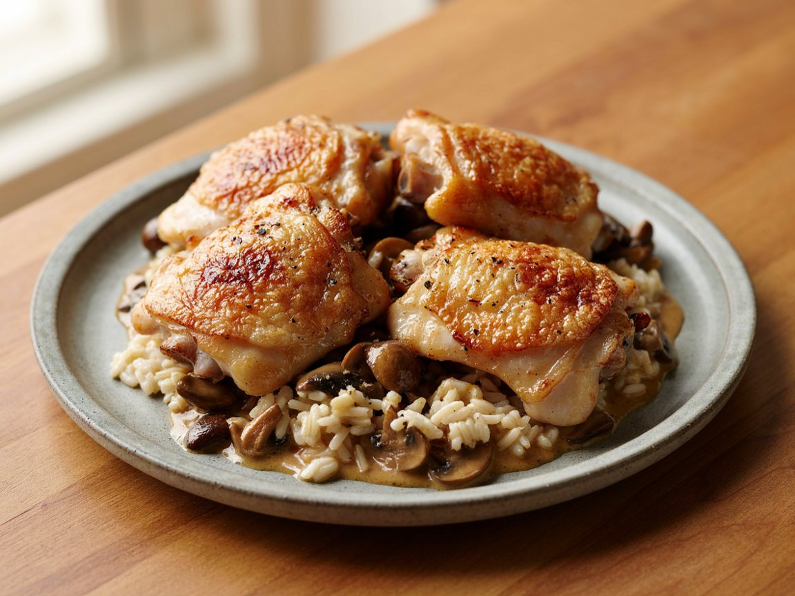 Photo of Seared Chicken Thighs with Mushroom Cream Sauce