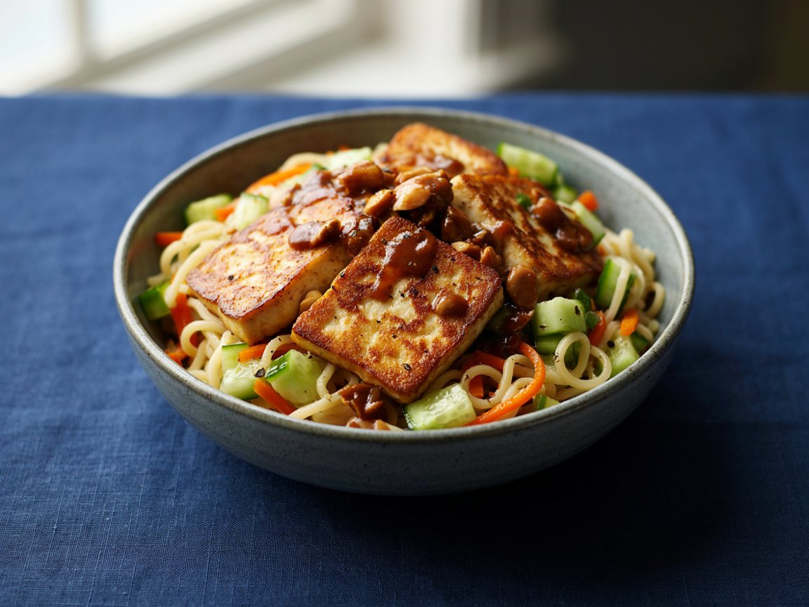 Photo of Tofu and Cucumber Noodle Bowl with Peanut Sauce