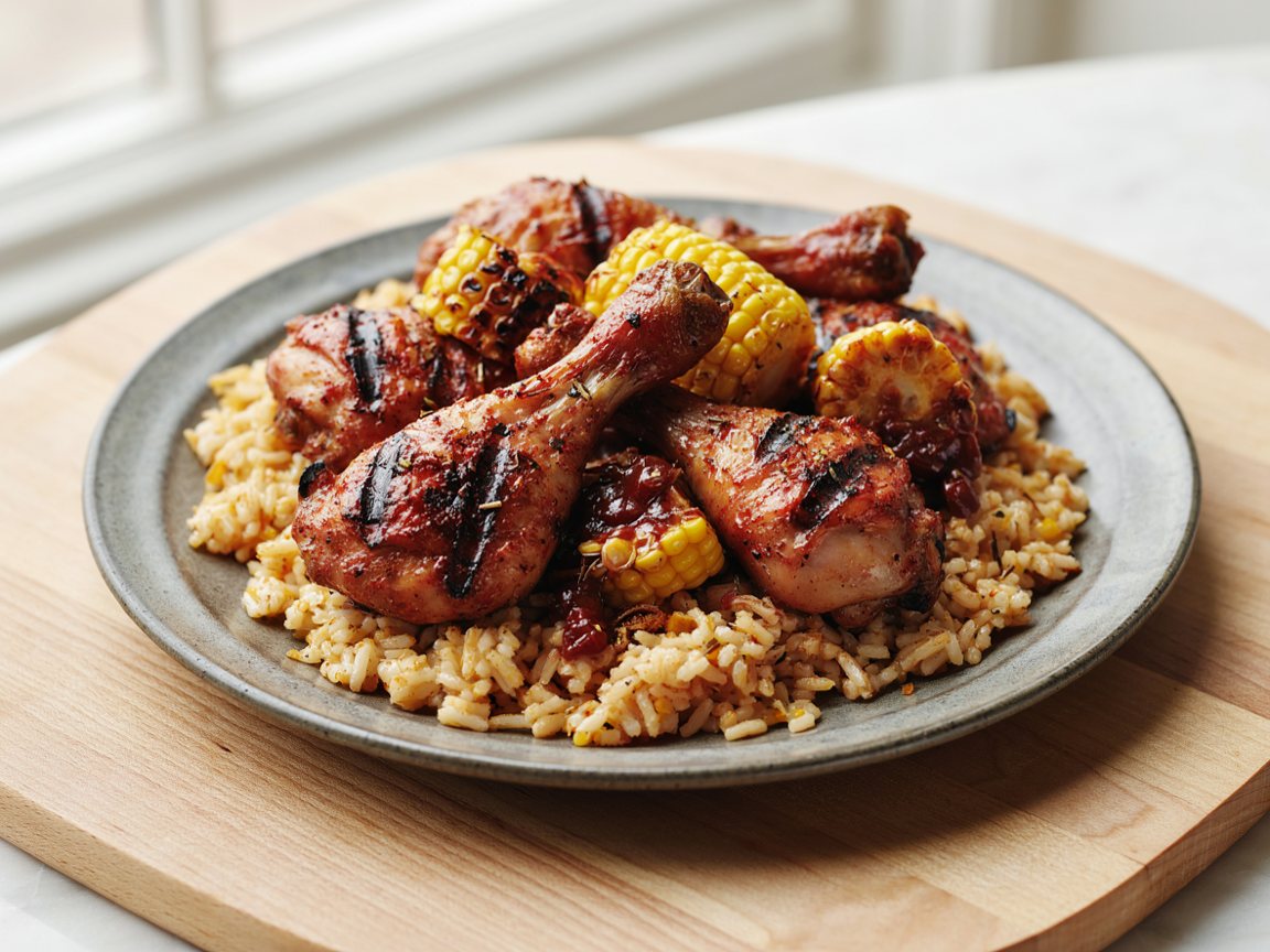 Photo of Peri Peri Grilled Chicken Legs with Spiced Rice and Charred Corn
