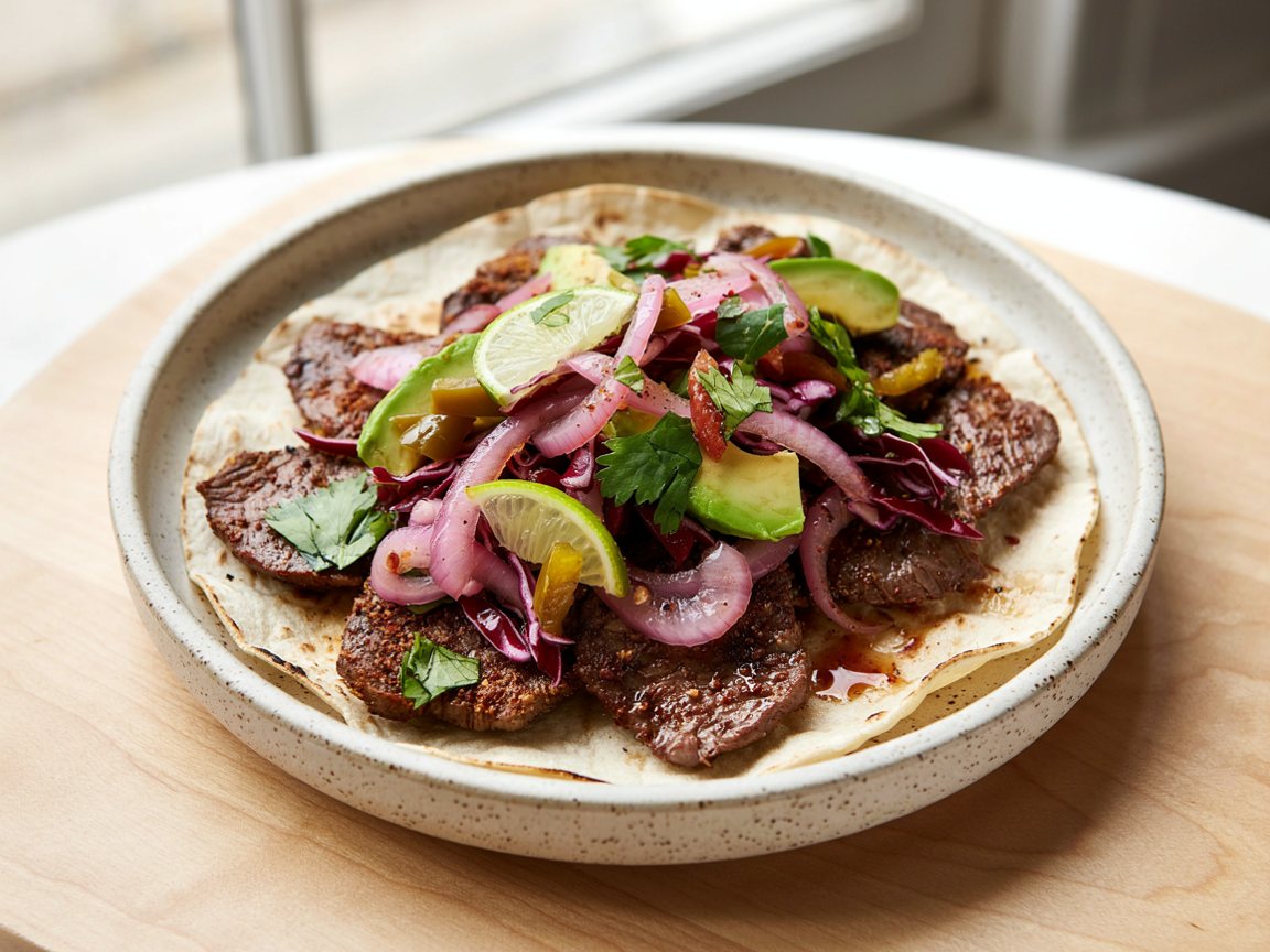 Photo of Spicy Carne Asada Steak Tacos with Pickled Red Onion