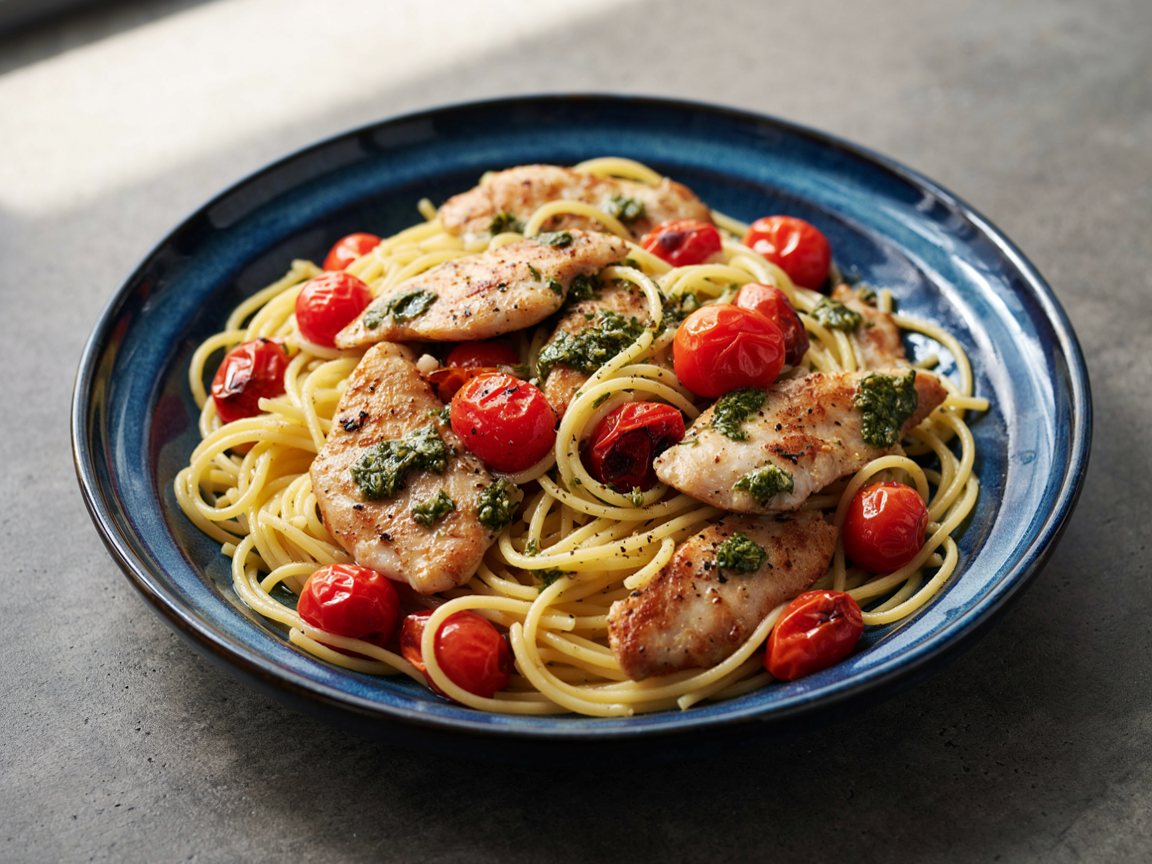 Photo of Spaghetti with Chicken, Cherry Tomatoes and Pesto