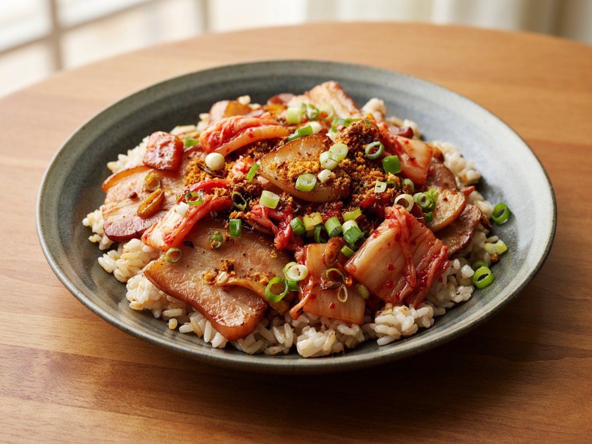 Photo of Spicy Pork Belly and Kimchi Stir-Fry with Crisped Rice