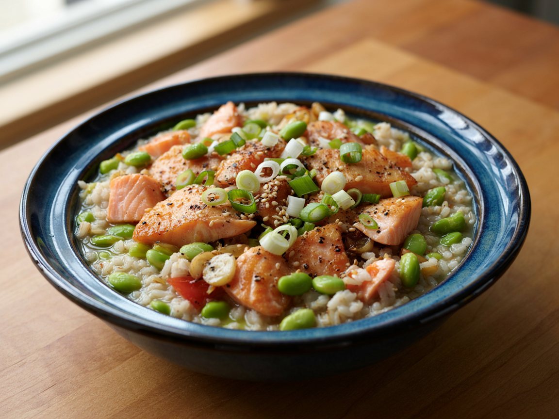 Photo of Salmon and Edamame Rice Soup