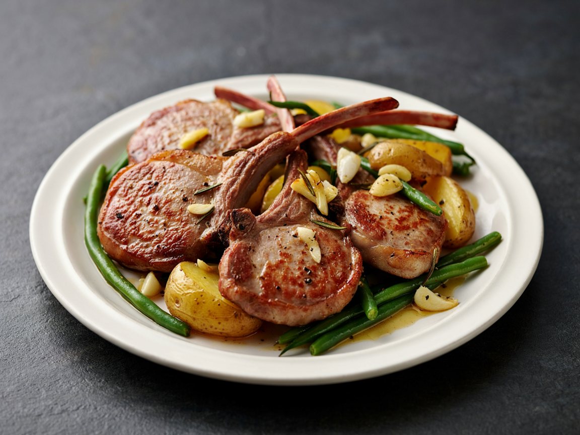 Photo of Seared Lamb Chops with Lemon Pan Sauce, New Potatoes and Green Beans