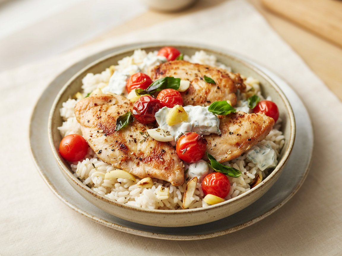 Photo of Garlic Chicken and Rice Bowl with Basil Yogurt