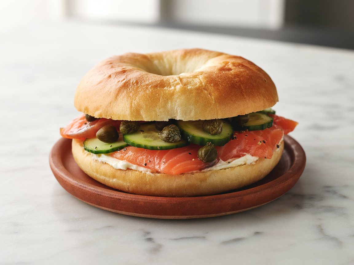 Photo of Smoked Salmon Bagel with Cream Cheese and Cucumber