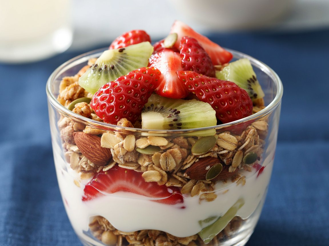 Photo of Maple Granola Yogurt Bowls with Strawberries and Kiwi