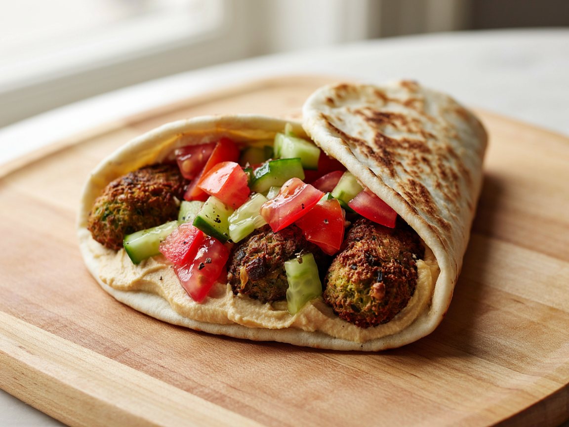 Photo of Oven-Baked Falafel Pita with Hummus and Cucumber-Tomato Salad