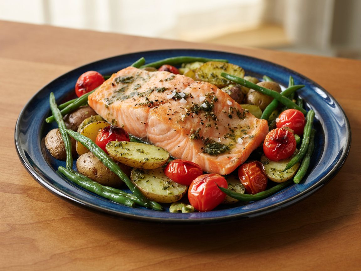 Photo of Roasted Salmon Tray with Pesto Potatoes and Green Beans