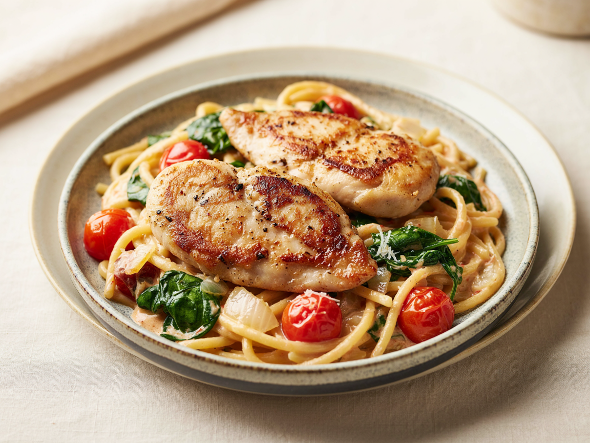 Photo of Seared Chicken with Creamy Tomato Spinach Pasta