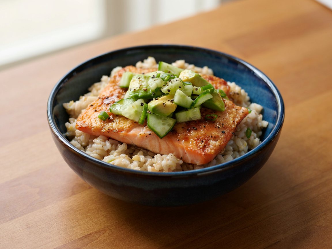 Photo of Salmon Rice Bowl with Avocado and Cucumber
