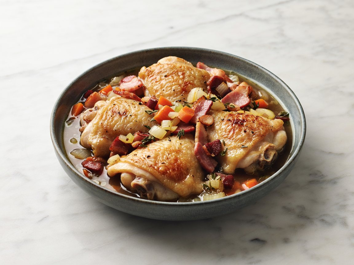 Photo of Chicken Thigh and Bacon Soup with Red Wine
