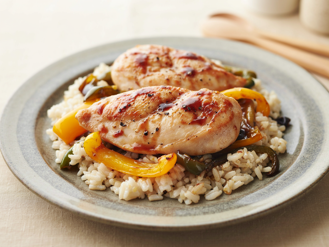 Photo of Soy-Glazed Chicken and Rice with Bell Pepper