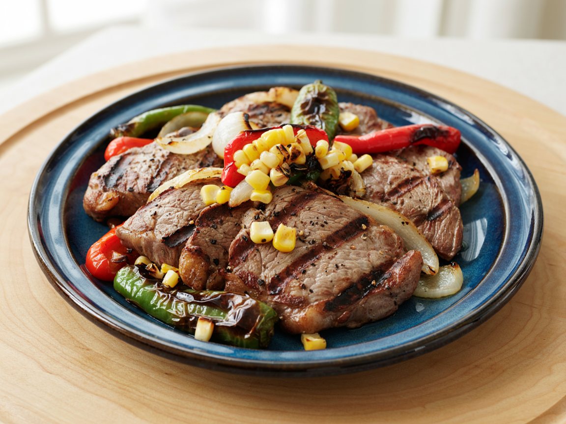 Photo of Grilled Steak with Charred Peppers and Corn