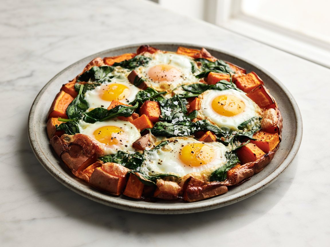 Photo of Roasted Sweet Potato and Spinach Egg Traybake