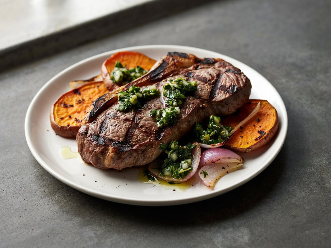 Photo of Grilled Beef Steak with Charred Sweet Potato and Chimichurri