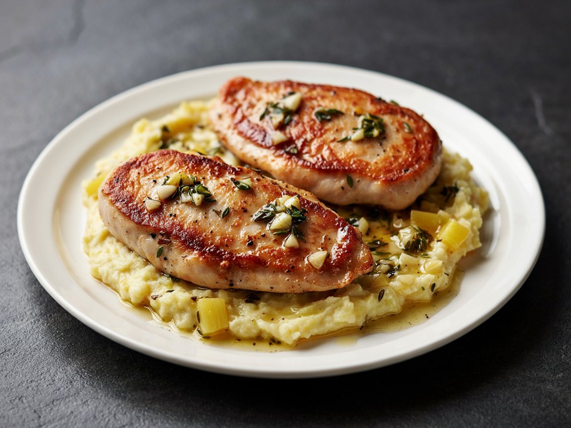 Photo of Seared Chicken with Garlic Thyme Pan Sauce and Buttered Celeriac Mash