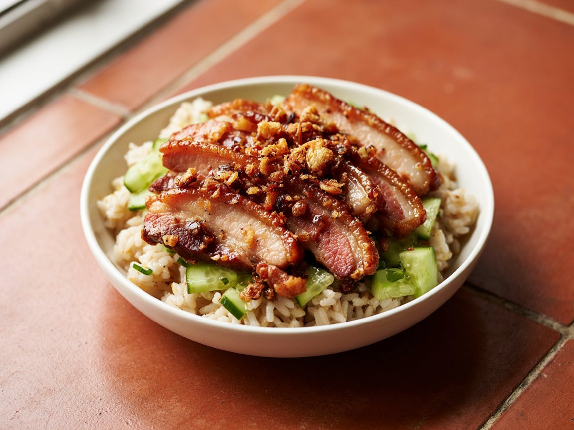 Photo of Crispy Pork Belly Rice Bowl with Cucumber