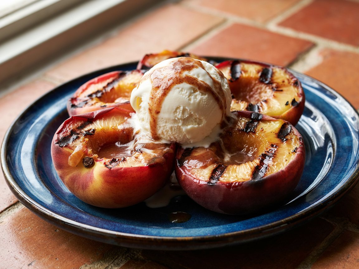 Photo of Grilled Peaches with Brown Sugar Butter and Vanilla Ice Cream