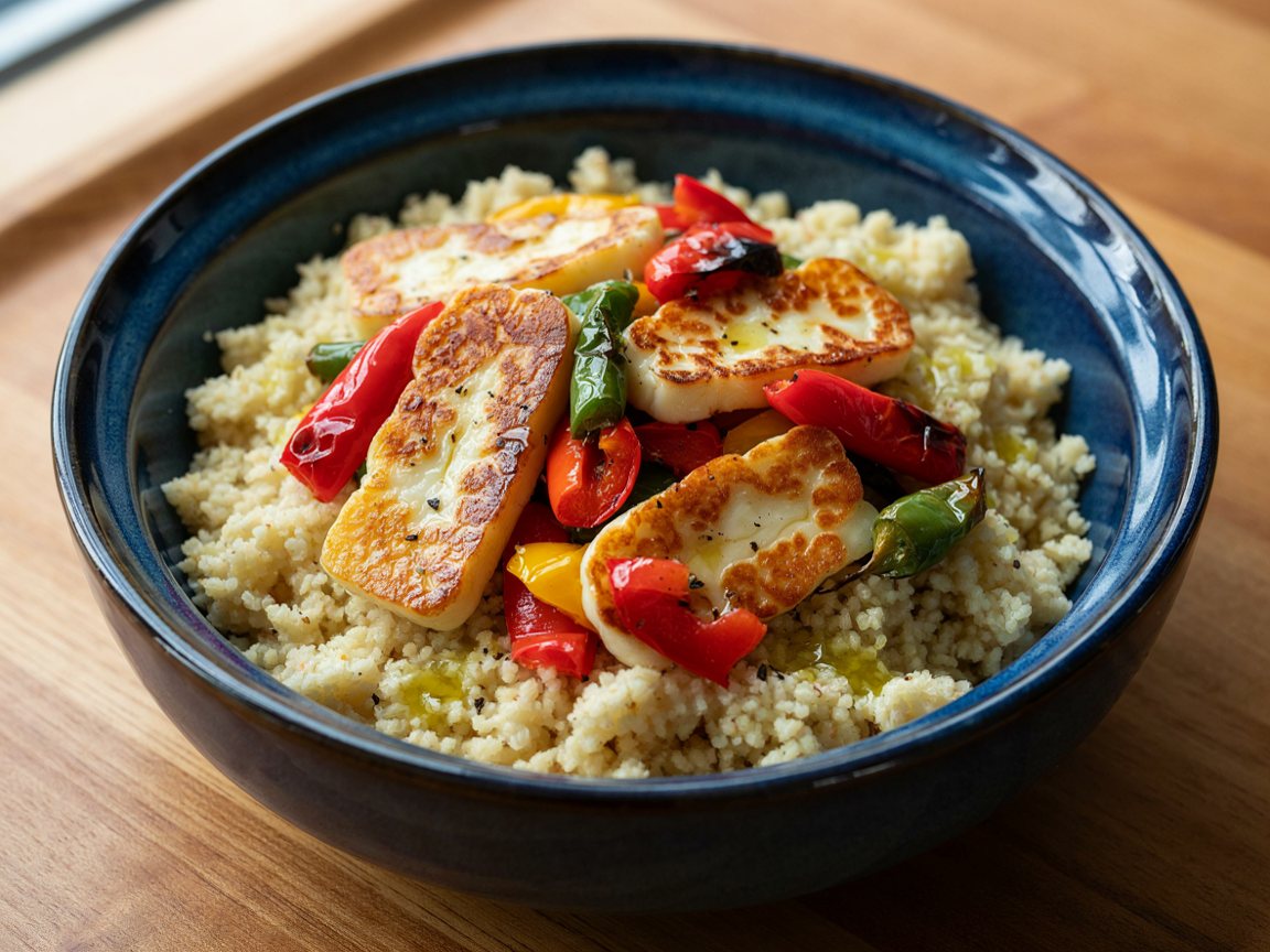Photo of Couscous Bowl with Seared Halloumi and Peppers