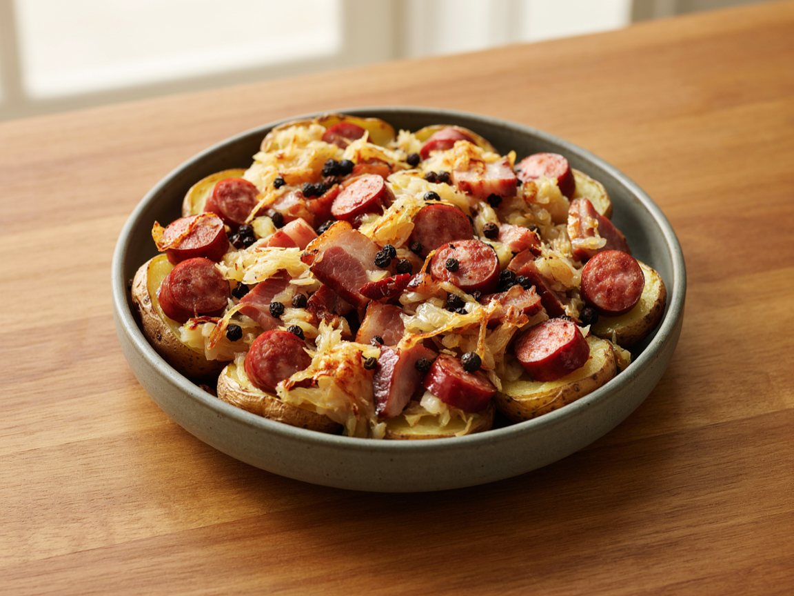 Photo of Baked Sauerkraut-Stuffed Potatoes with Sausage and Pork Belly