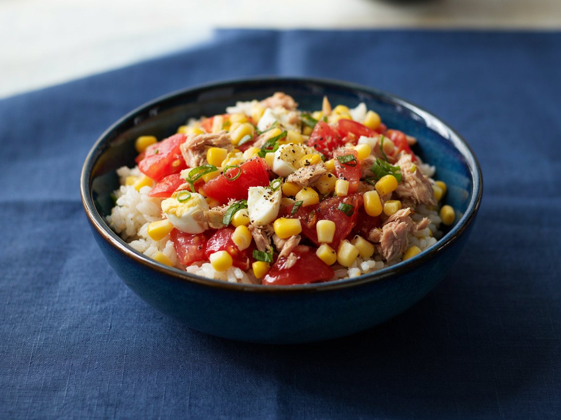 Photo of No-Cook Tuna Rice Bowl with Sweet Corn and Tomatoes
