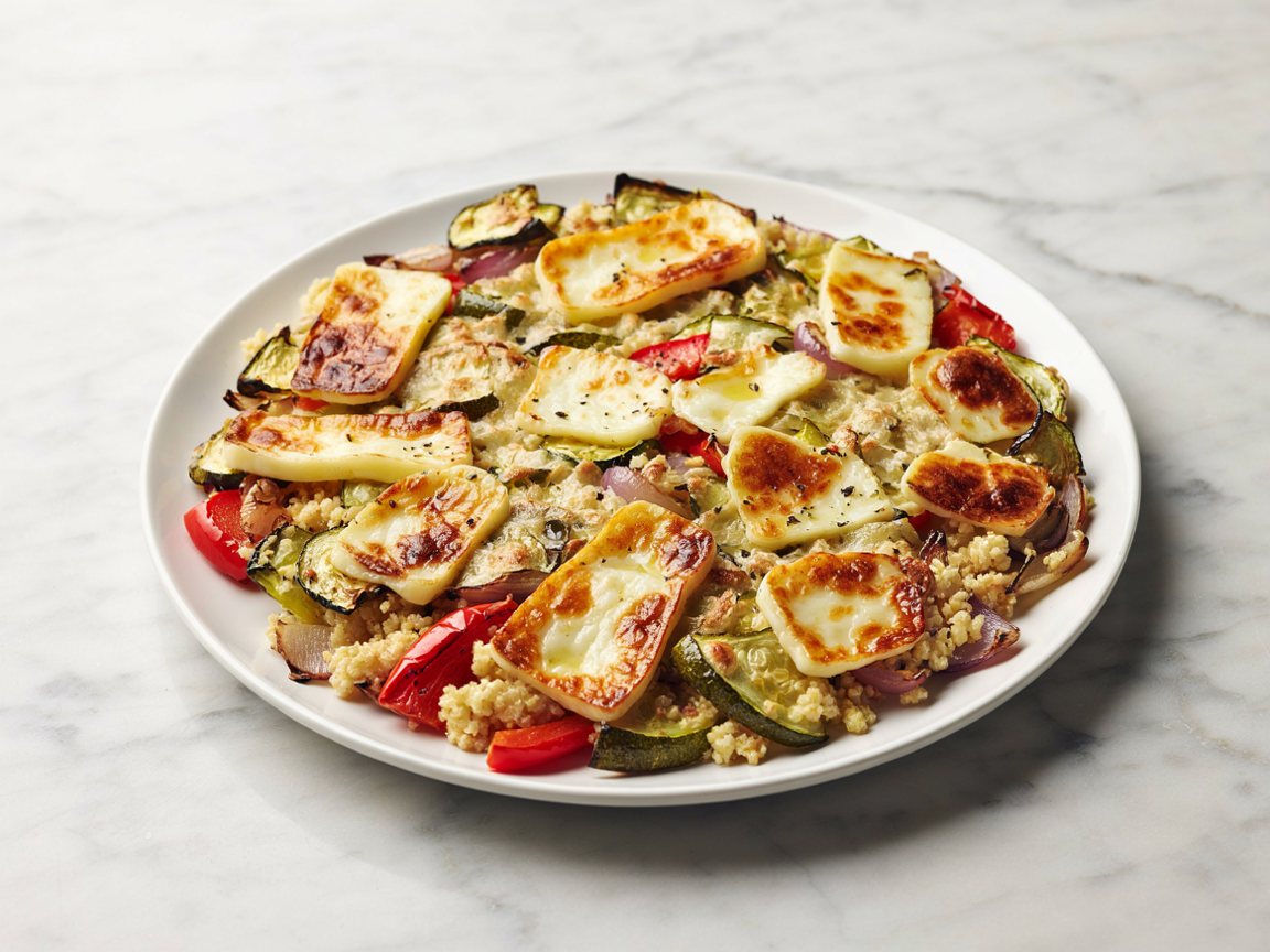 Photo of Roasted Courgette, Red Pepper and Halloumi Couscous Traybake